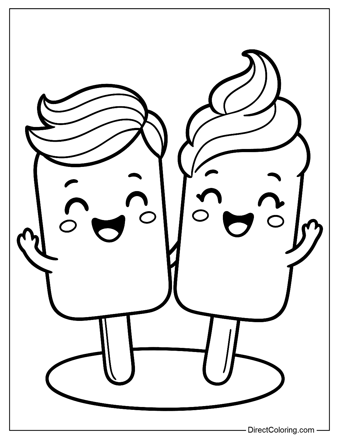 a Coloring Page of Two ice creams with cheerful faces, each with a different hairstyle and crossed arms as friends